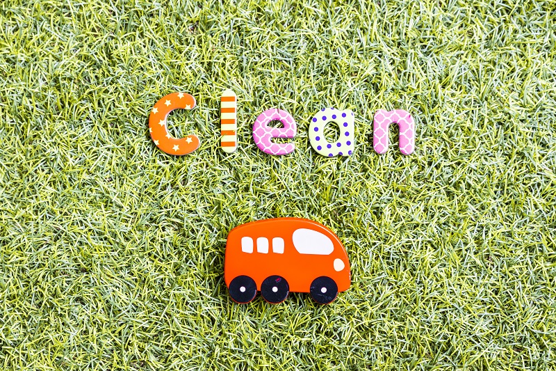 Bus im Gras mit Schriftzug Clean