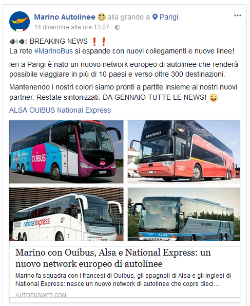Il comunicato di Marino sulla partnership con Ouibus, Alsa e National Express.