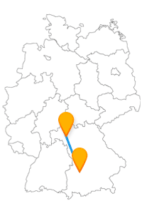 Die Reise mit dem Fernbus von Augsburg nach Würzburg bleibt innerhalb der bayrischen Landesgrenzen.
