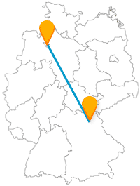 Die Reise mit dem Fernbus von Bayreuth nach Bremen durchquert Deutschland vom Südosten in den Nordwesten.