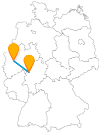 Flanieren Sie auf Ihrer Fernbusreise zwischen Düsseldorf und Marburg an der Lahn entlang der Rheinuferpromenade und entdecken Sie einen besonderen Gockel.