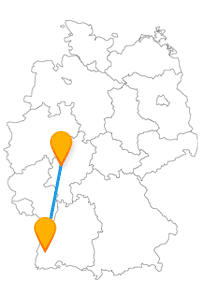 Die Reise mit dem Fernbus von Freiburg nach Gießen führt Sie an der Alten Wache und der Badenburg vorbei.